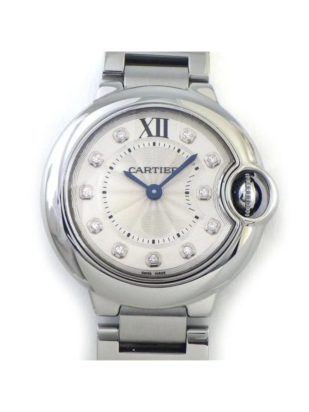 Cartier Watch Baron Blue SM 11 Points Diamond Index Silver Guilloche Dial SS